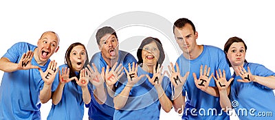 Family showing â€œWe Love Familyâ€ on hands, Stock Photo